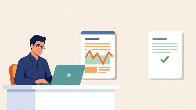 Man working on laptop with AI editing graphic elements in office