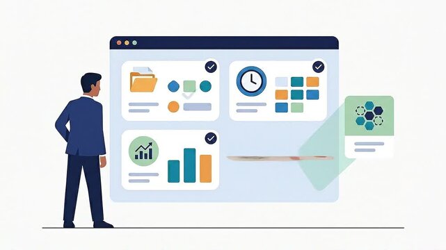 Business analyst reviewing dashboard task cards and analytics
