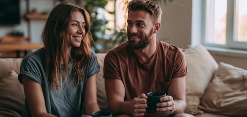 Obraz premium Young couple enjoying slow morning together with coffee and conversation inside stylish home 