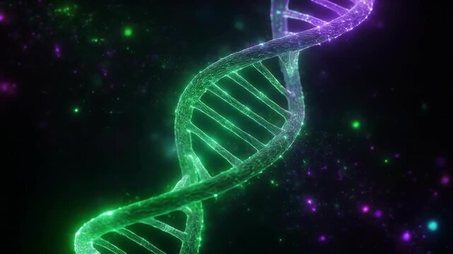 Glowing digital 3D DNA double helix structure with neon colors