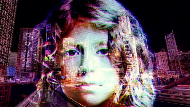 girl looks at camera for security scan with overlayed glitch 