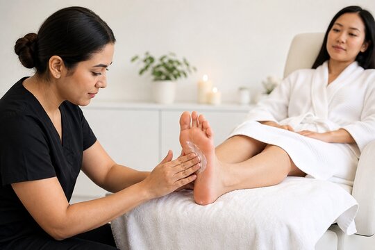 Spa therapist applying moisturizing cream to client's foot