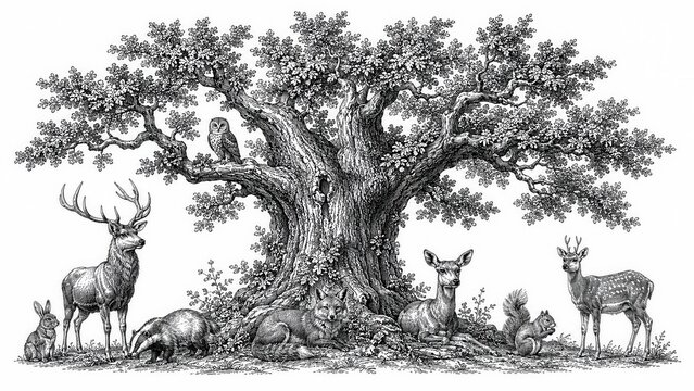 Ancient oak tree with forest wildlife engraving sketch illustration isolated on white background