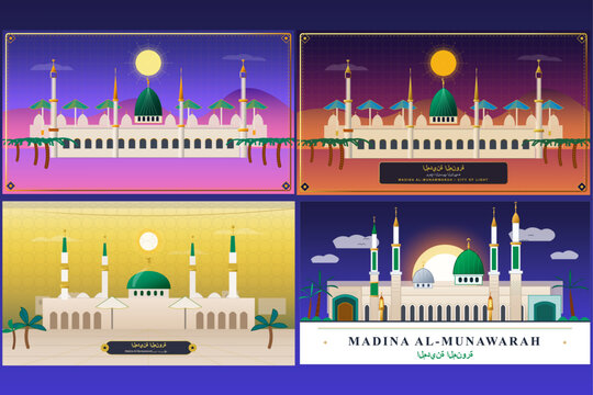 Al-Masjid an-Nabawi, The Prophet's Mosque in Medina, Saudi Arabia, Vector Illustration, Islamic Architecture Landmark