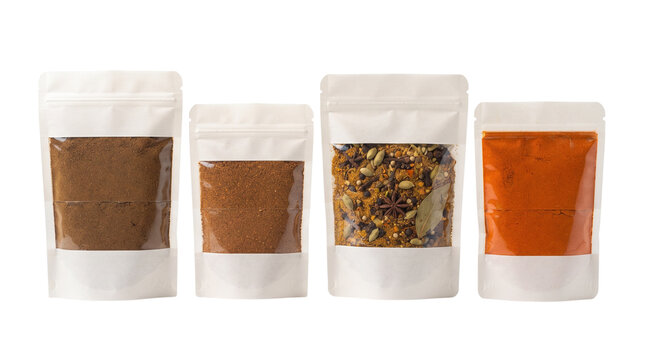 White paper stand-up pouches with window, spice and powder food packaging mockups, set of 4 resealable doy packs isolated PNG with Transparent Background