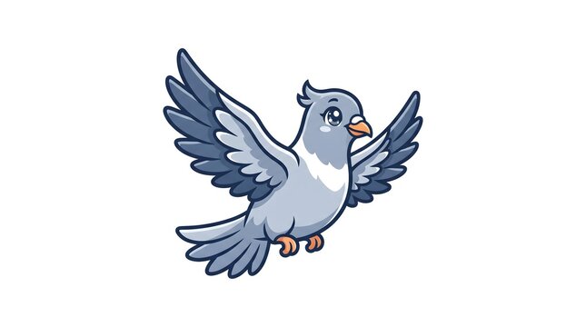 A cute cartoon illustration of a grey pigeon flying with open wings, isolated on a white background