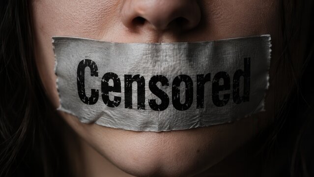 Censorship concept with tape covering woman's mouth symbolizing freedom of speech suppression and silence