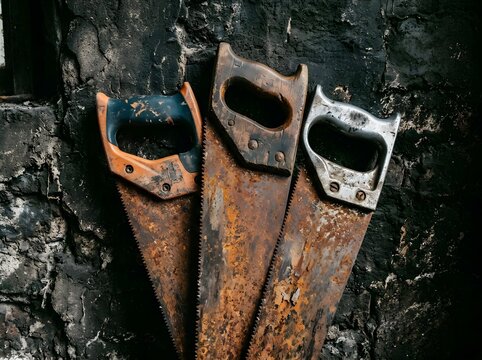 Rusty hand saws with worn blades and handles against dark background funny animal emoji