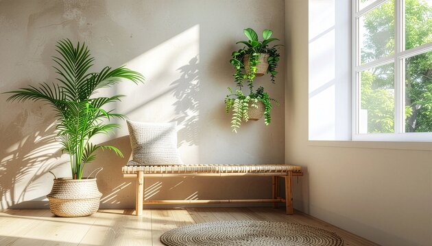 Sunlit minimalist living room with tropical plants and bamboo bench