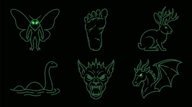 A collection of six glowing green neon style illustrations depicting various legendary cryptids and mythical creatures.