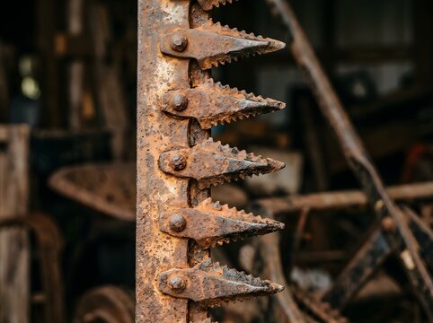 Closeup of rusty industrial gear with sharp teeth and bolts funny animal emoji