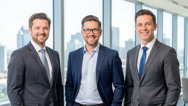 diverse professional men trio in modern office collaboration portrait suggesting trust and financial expertise overlooking city view commercial use
