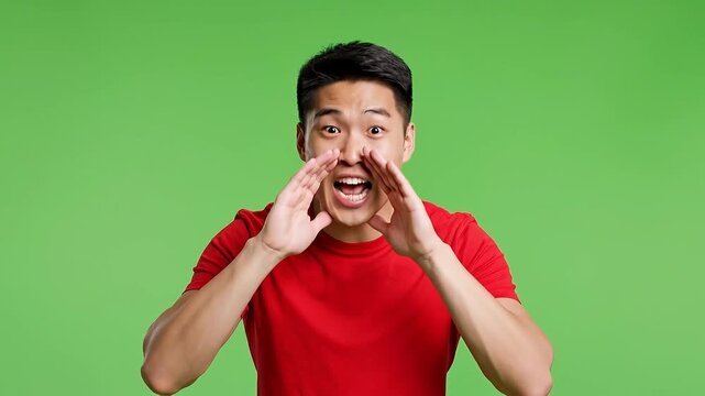 A Young Asian Man Shouting Aloud with Hands Cupped Around Mouth Isolated on Green Background
