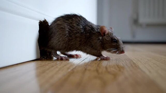 Rodent emerges from hole in wall scurrying on wooden floor