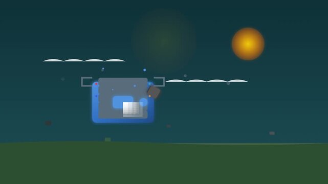 Whimsical Pixel-Art Spacecraft Flying Near Clouds with Sunset Glow