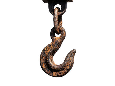 Closeup of rusty metal hook hanging from chain on transparent background funny animal emoji