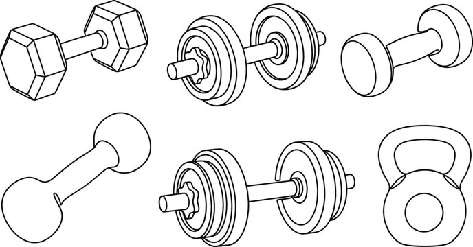 Dumbbell and kettlebell fitness weight icons set for gym workout body building training minimal line art vector illustration.