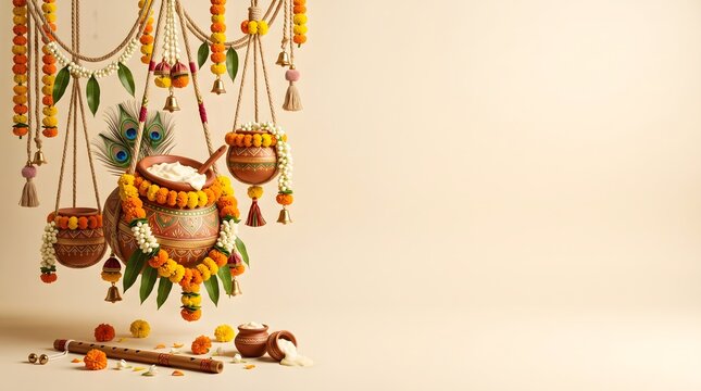 Krishna janmashtami celebration background with hanging dahi handi with feathers marigold garlands