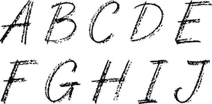 Hand drawn alphabet letters A through J with textured brush stroke style for creative design and lettering projects.