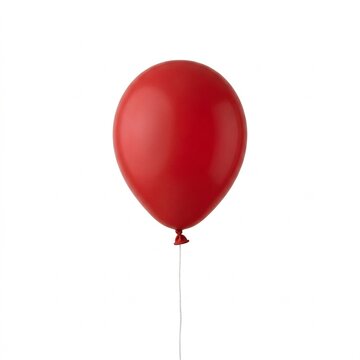 Red balloon with string floating in a bright, white background  