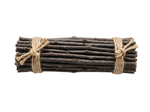 Bundle of rustic dark brown sticks tied with natural twine funny animal emoji isolated on transparent background
