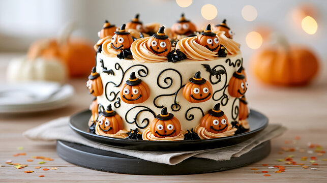 Delicious cake decorated with pumpkin and hat on the table, festive Halloween
