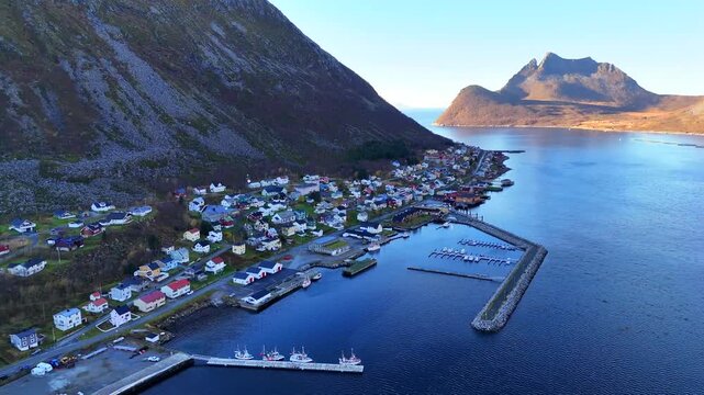 Aerial Drone View of Gryllefjord Village and Fjord on Senja Island Northern Norway in Autumn