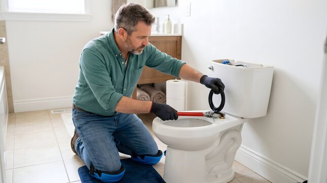 Professional plumber repairs toilet cistern in bright modern bathroom.