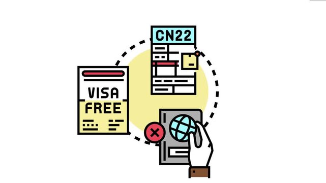 Border control passport check process with a hand holding a passport. A denied entry symbol. Alongside a visa free waiver and a customs declaration form