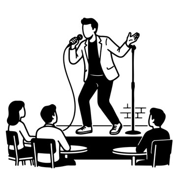 Stand up comedian performing on small stage in comedy club with audience at tables line art vector illustration