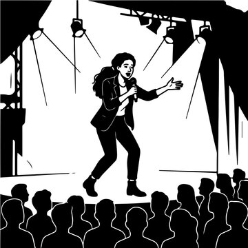 Female stand up comedian performing live on stage with spotlights and audience silhouette vector illustration