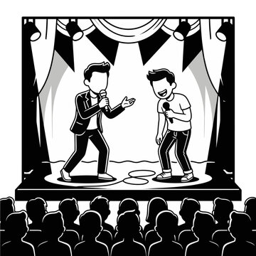Duo male stand up comedians performing together on stage decorated with party flags and spotlights facing audience black and white vector illustration
