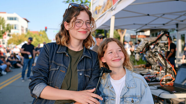 A print journalist and their teenage child standing in a crowded autumn street fair, the parent holding a recorder up toward a community speaker, the child watching curiously, robotics engineering d