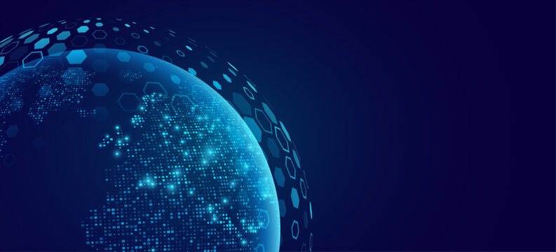 Futuristic planet Earth with hexagonal glowing sphere and map of dots for scientific background. Global data protection or network security concept. Vector illustration.