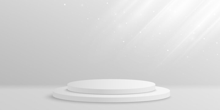 Minimalist white bright 3D podium for display your product featuring two circular stages with light rays on a bright studio background. Modern empty platform. Vector illustration.
