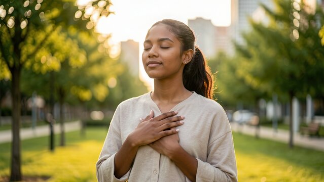 serene diverse young woman meditating in modern city park golden hour gratitude mindfulness soft focus professional portrait