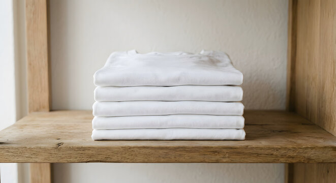 Stack of blank white t-shirts folded on wooden shelf