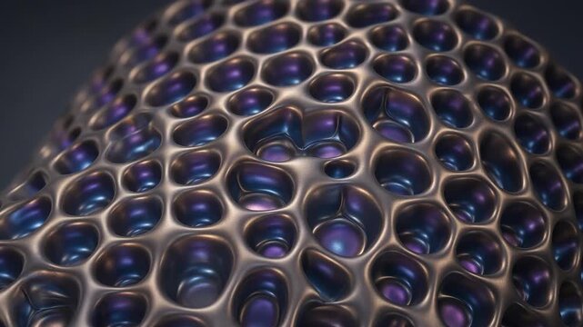 Close view of a metallic porous surface in glossy abstract style on a dark background, evoking futuristic texture