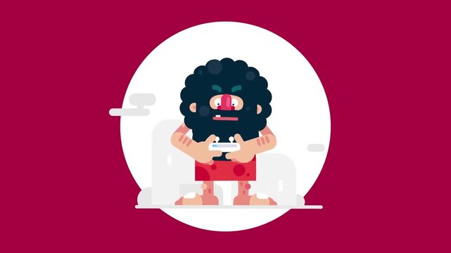 Cartoon caveman playing modern video game animation with joyful expression against flat vibrant red background in this digital character motion
