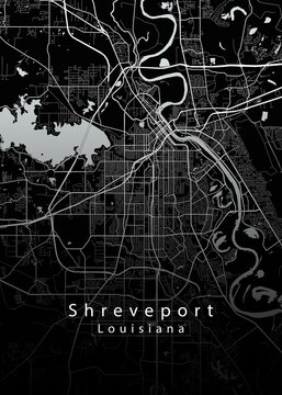 Shreveport Louisiana city map poster &ndash; minimalist black and white street map of Shreveport with Red River, dark modern wall art print