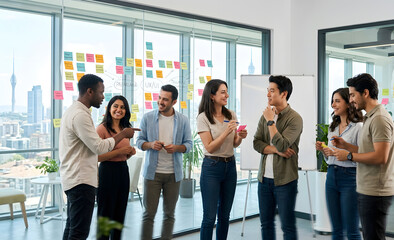 Obraz premium Startup Team Brainstorming with Sticky Notes on Glass Wall 