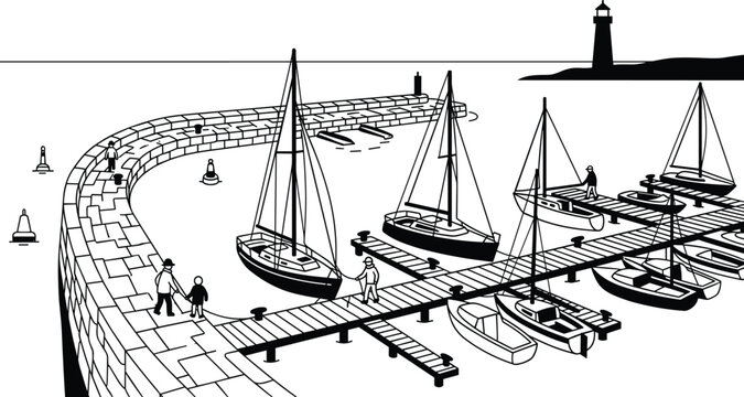 Harbor Marina View Set Featuring Sailboats Wooden Pier Stone Breakwater and Lighthouse for Maritime Design Vector Illustration