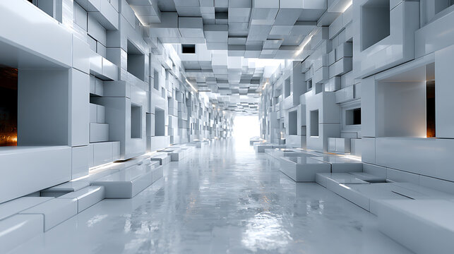 Abstract white corridor with cubic structures creates a futuristic architectural scene