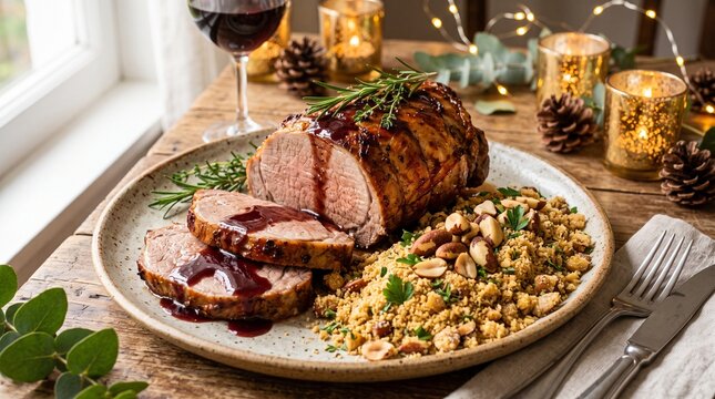 Juicy roasted veal with farofa and red wine sauce on festive Christmas table
