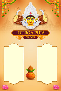 Durga Puja 2026 Greeting Template with Goddess Durga, Kalash and Decorative Indian Motifs