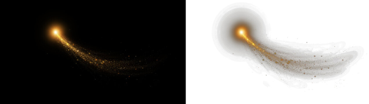 Golden magic dust trail with sparkling particles and glowing light effect, abstract comet tail isolated on black background isolated on transparent background