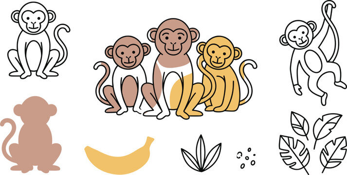 Minimalist Line Art Monkey Family Vector Element Set with Simple Outlines Abstract Colors Banana and Tropical Leaves for Modern Graphic Designs
