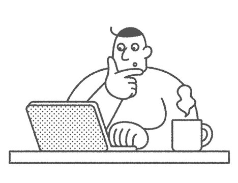 パソコン作業をしている男性の線画イラスト素材