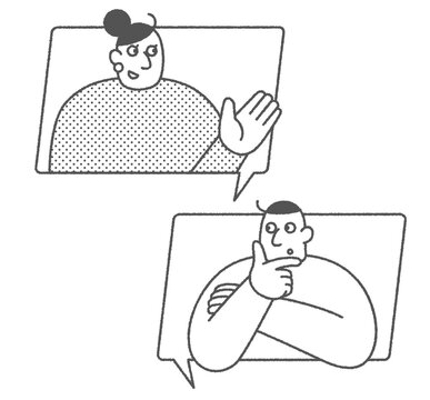 リモートで会話する男女の線画イラスト素材　吹き出しで会話する人物