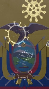 Animation of covid 19 virus cells and digital icons over flag of ecuador
